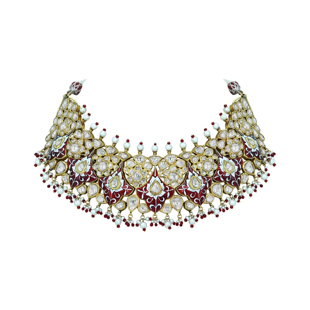 Polki Semi-Choker with Red Enamel and Pearl Beads